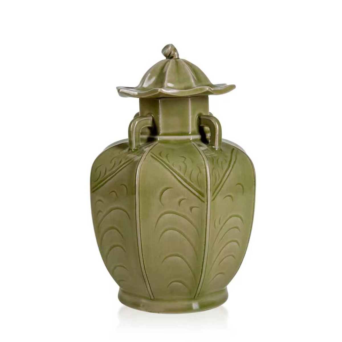 宋越窑密色青瓷八方四系盖罐