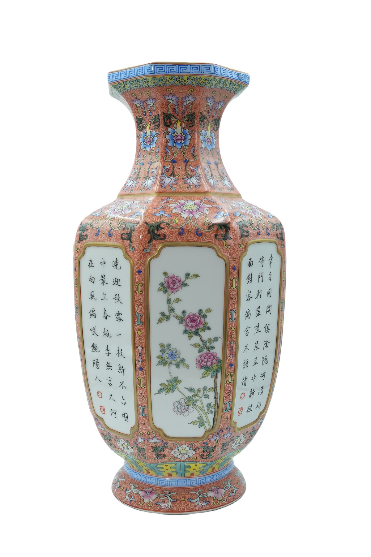 洋彩描金花卉纹六方瓶